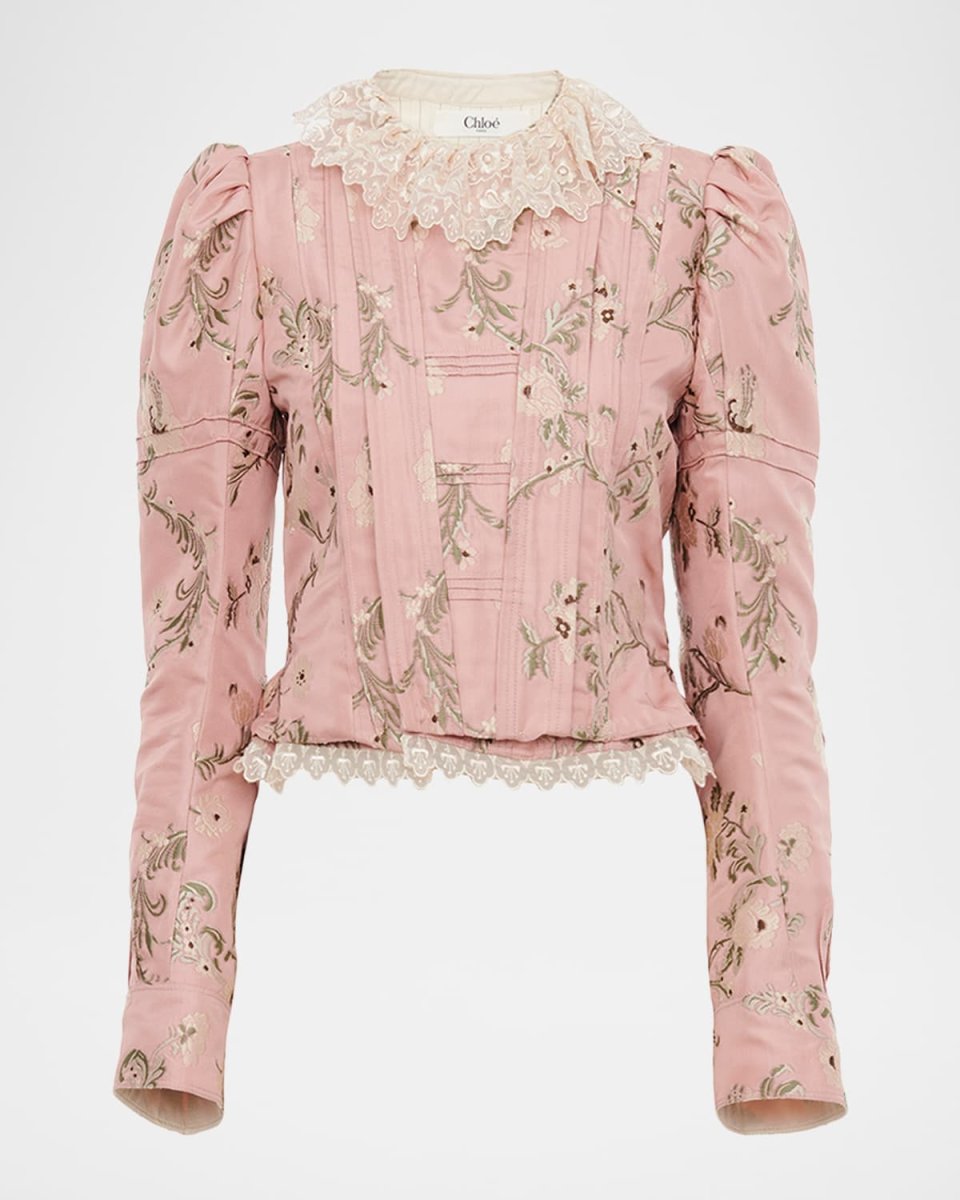 Floral-Jacquard Lace-Collar Jacket